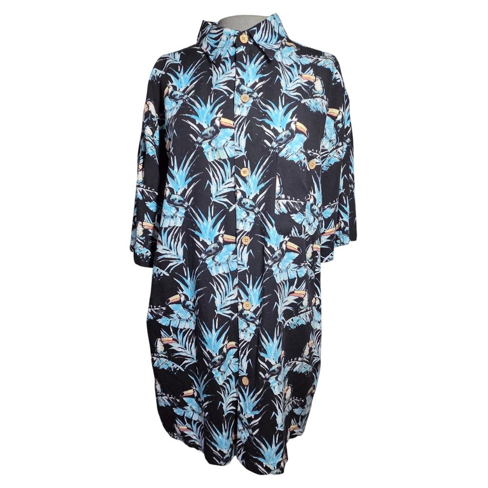 Tropical Bird Print Short Sleeve Button Down Size Large